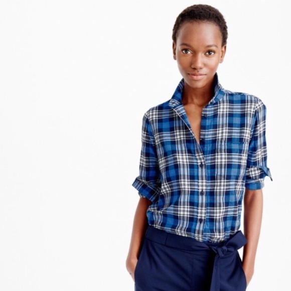 J. Crew Tops - J.Crew Boy Shirt in Navy Weekend Plaid